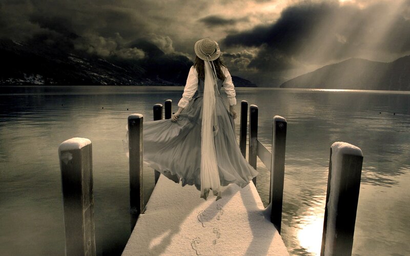Woman in Long Dress — Gray, Dramatic, Winter, Photograph