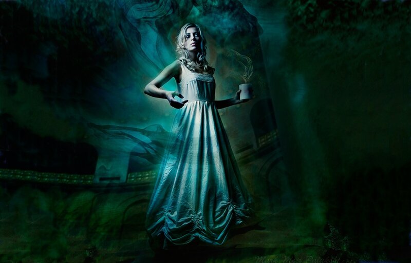 Woman in Long Dress — Green, Dramatic, Night