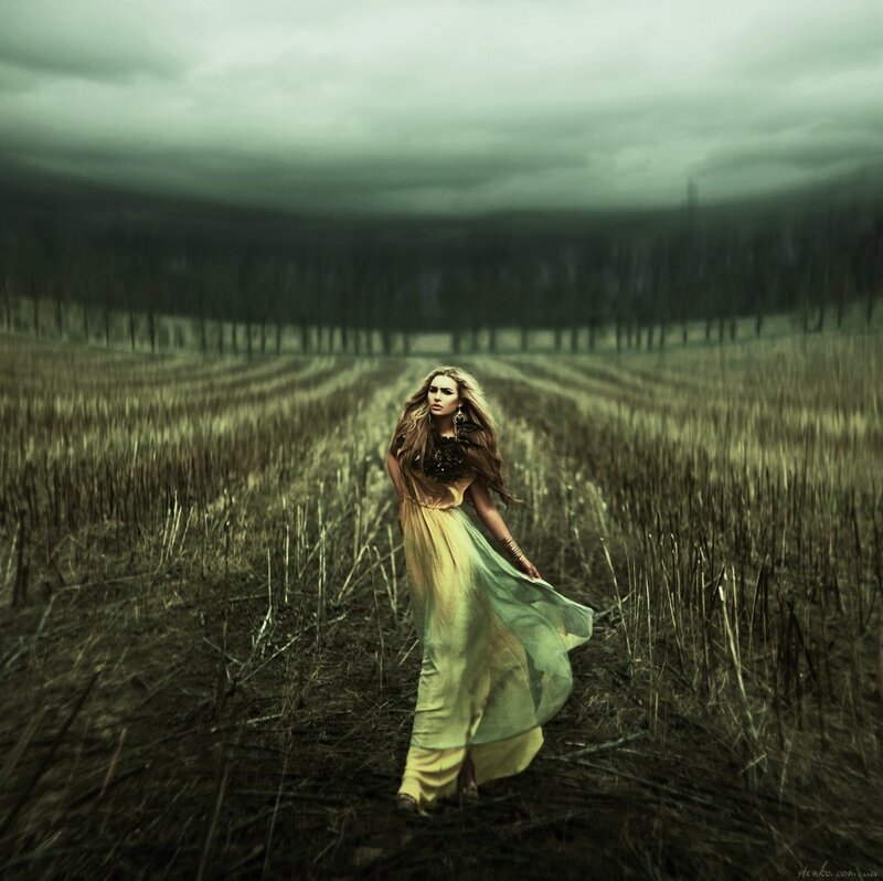 Woman in Long Dress — Green, Dramatic, Photograph, Field