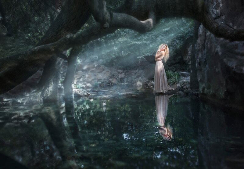 Woman in Long Dress — Green, Serene, Night