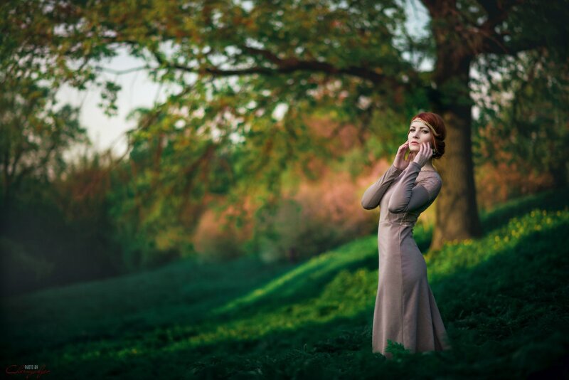 Woman in Long Dress — Green, Serene, Sunset, Photograph, Tree