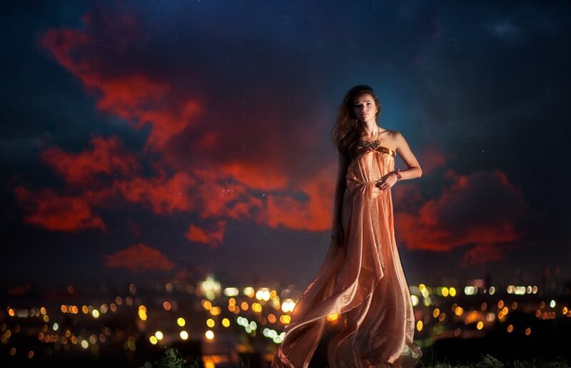 Woman in Long Dress — Orange, Dramatic, Night