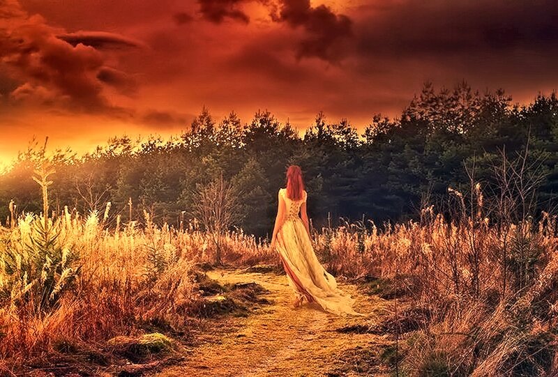 Woman in Long Dress — Orange, Dramatic, Sunset, Photograph