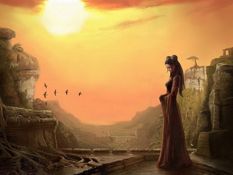 Woman in Long Dress — Orange, Dramatic