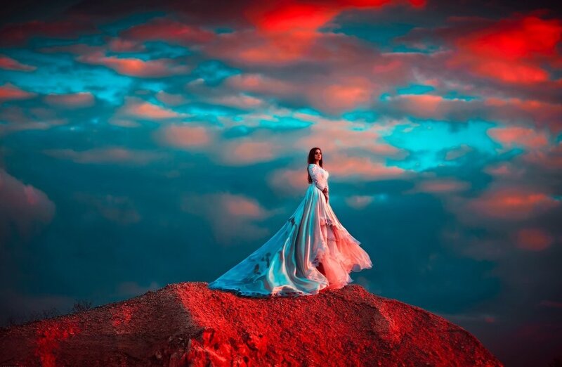 Woman in Long Dress — Red, Dramatic, Sunset