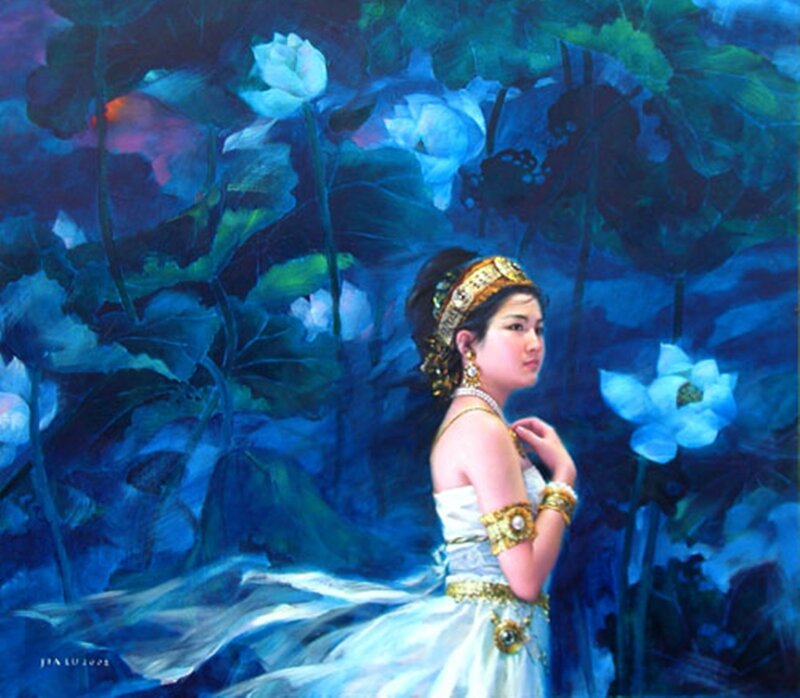 Woman in Lotus Garden — Blue