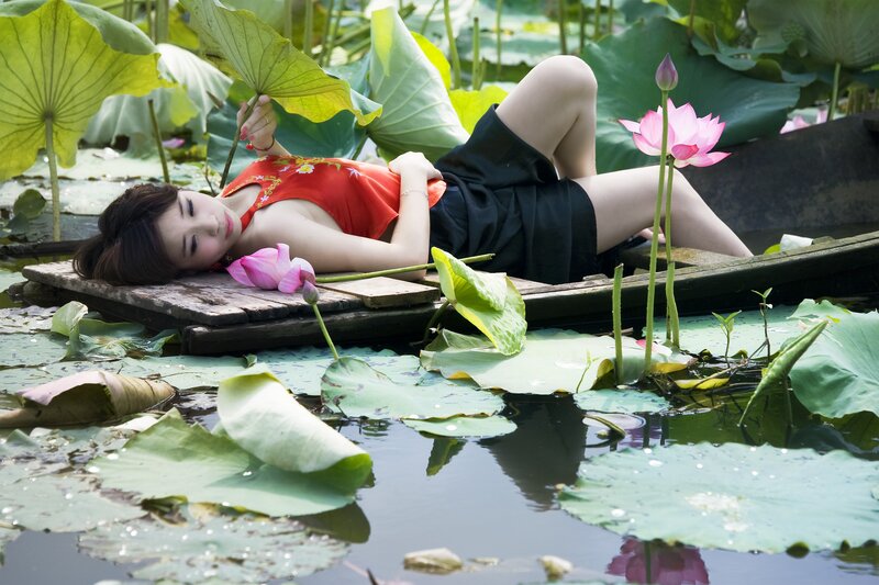 Woman in lotus pond