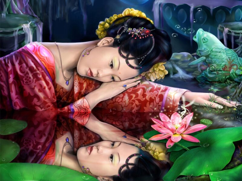 woman in lotus pond