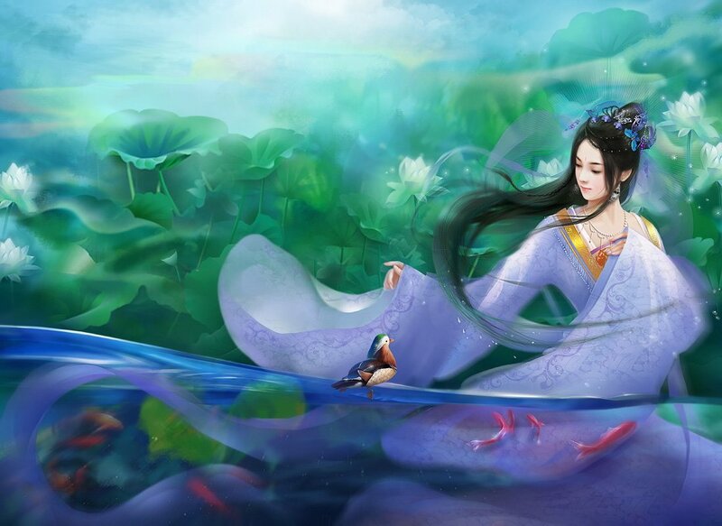 Woman in lotus pond