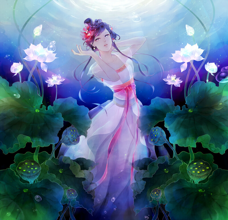 Woman in Lotus Pond — Blue, Serene, Night, Digital Art