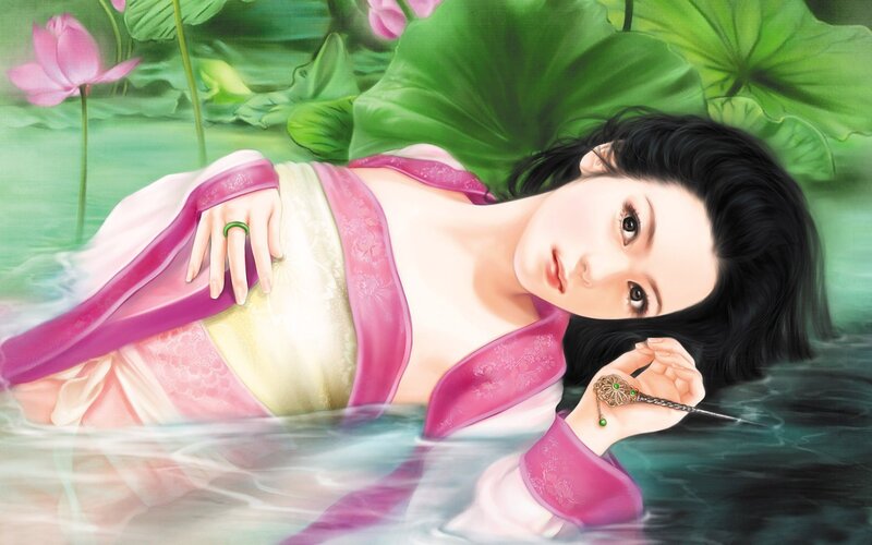 Woman in Lotus Pond — Green, Serene, Afternoon