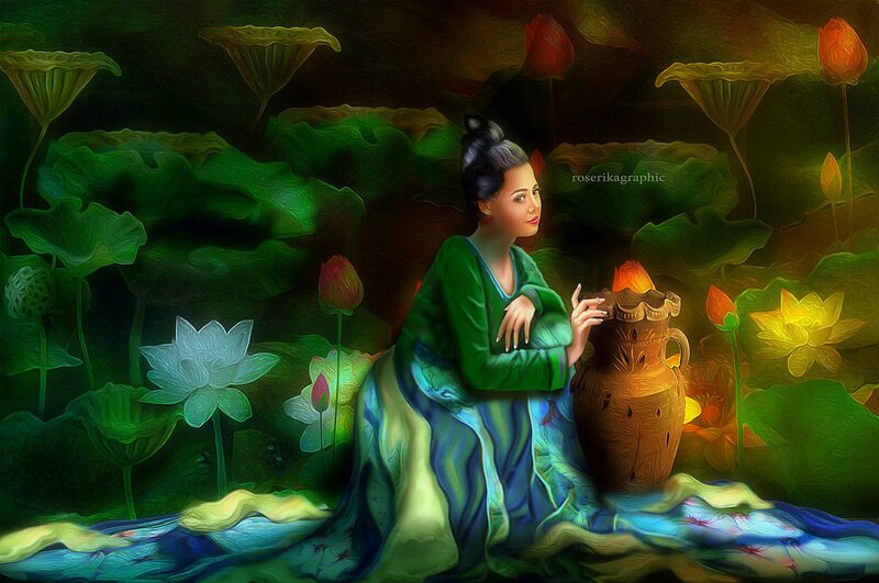 Woman in Lotus Pond — Green, Serene, Night