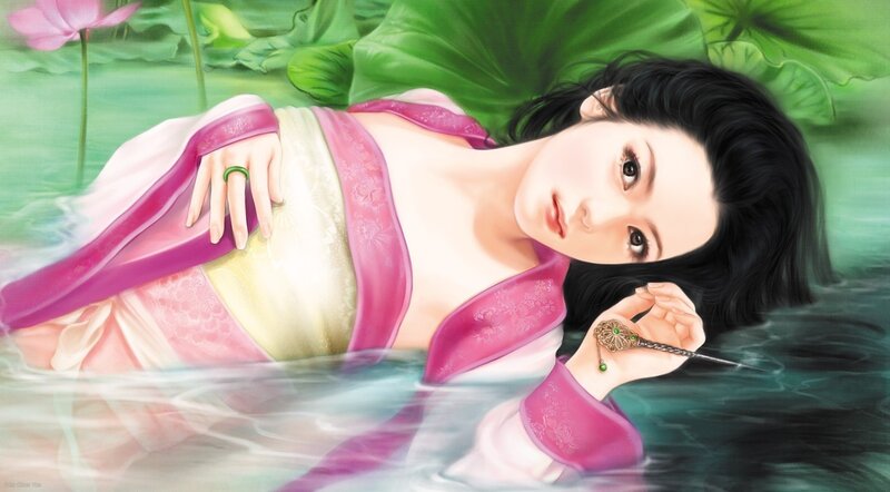 Woman in Lotus Pond — Green, Serene, Summer