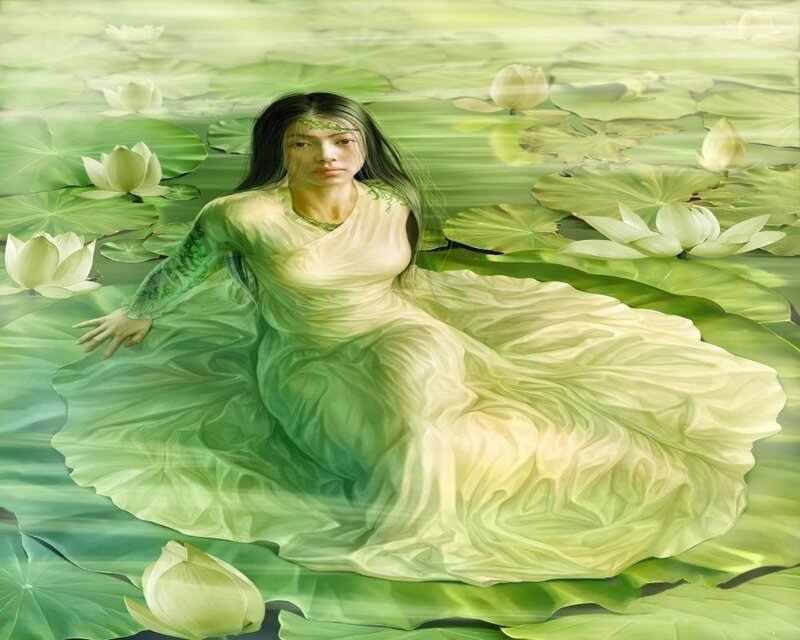 Woman in Lotus Pond — Green