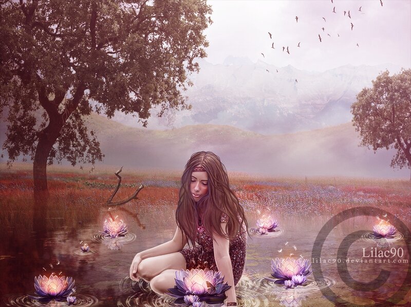Woman in Lotus Pond — Purple