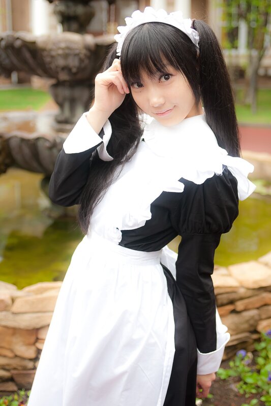 Woman in Maid Costume — Black, Calm, Afternoon, Photograph, Fountain