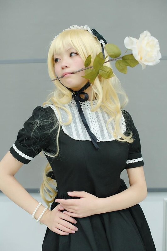 Woman in Maid Costume — Black, Playful, Photograph, Blonde Wig