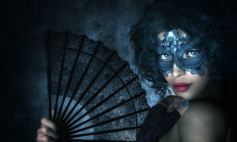 Woman in Mask Holding Fan — Black, Dramatic