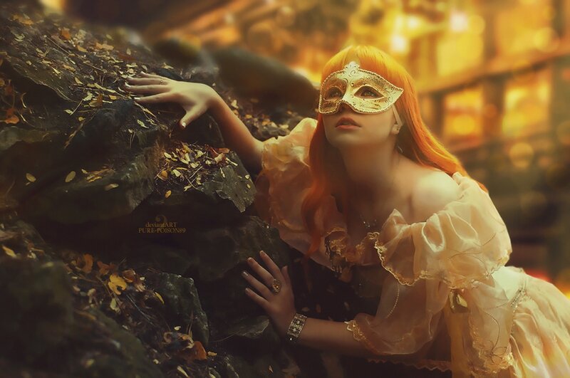 Woman in Mask on Rocks