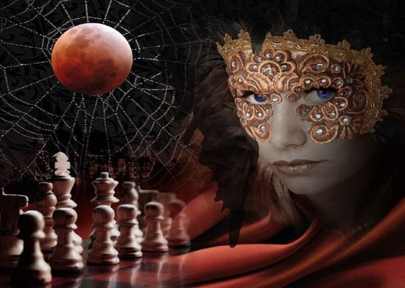 woman in mask with chess pieces