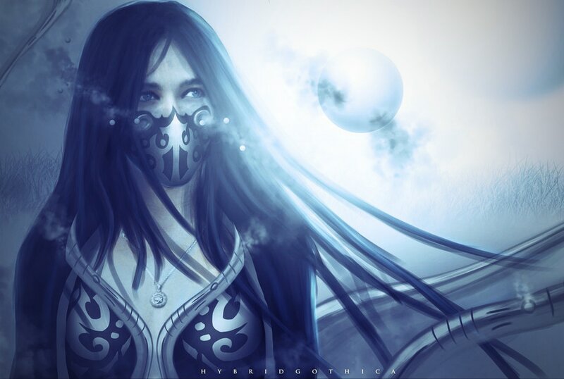 woman in mask with glowing moon