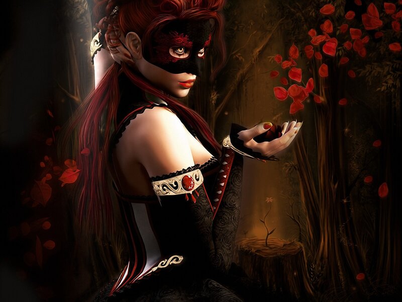 woman in mask with red petals