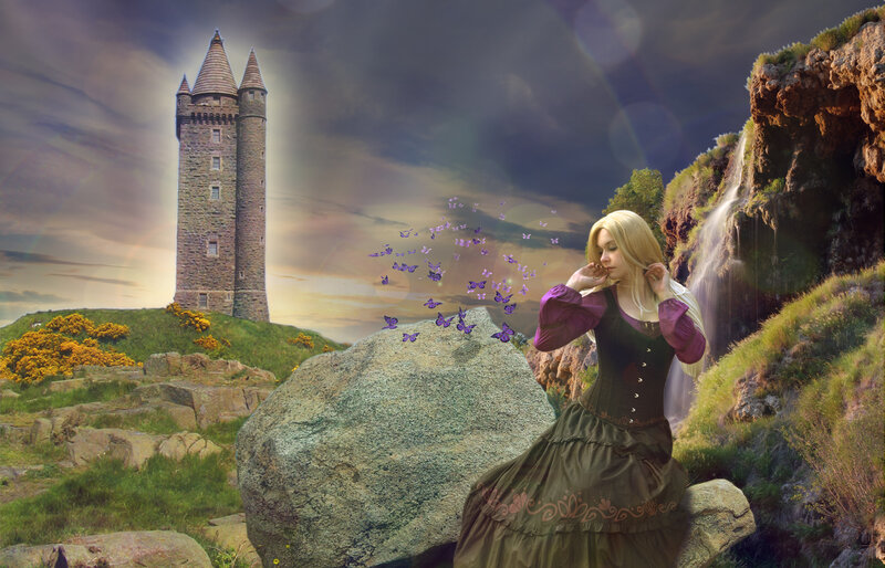 Woman in Medieval Dress — Green, Dramatic, Sunset