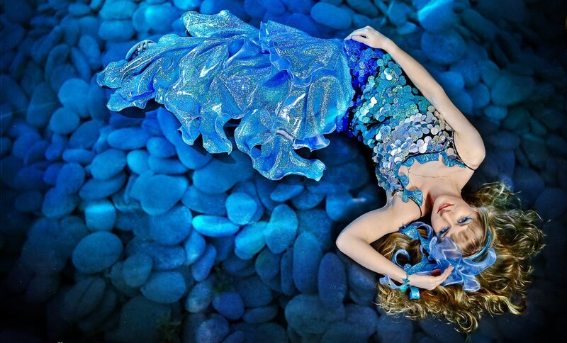 Woman in Mermaid Costume — Blue, Dramatic, Photograph, Sequins