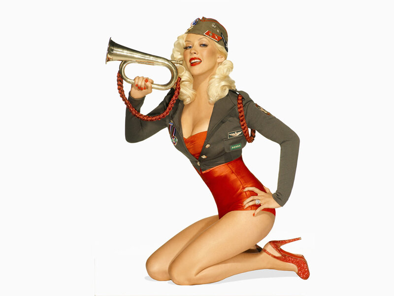 woman in military costume with trumpet
