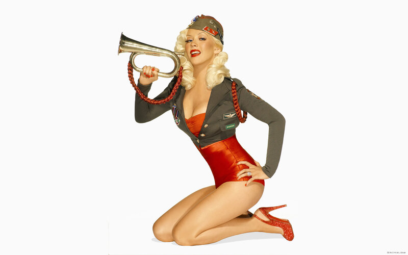 woman in military costume with trumpet