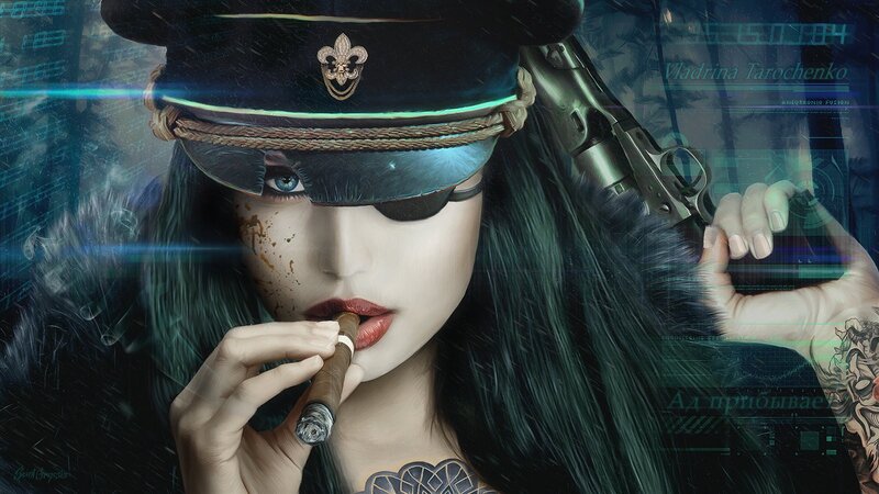 Woman in Military Hat — Black, Dramatic, Digital Art