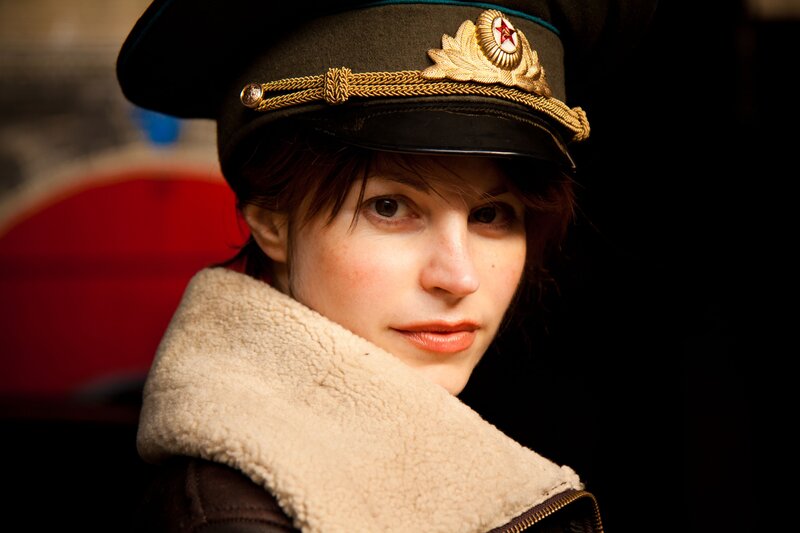 Woman in Military Hat — Black, Dramatic, Photograph, Coat, Face