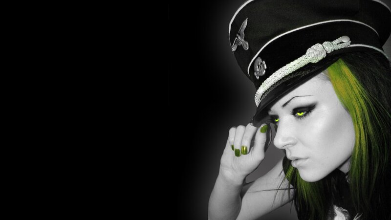 woman in military hat with green hair