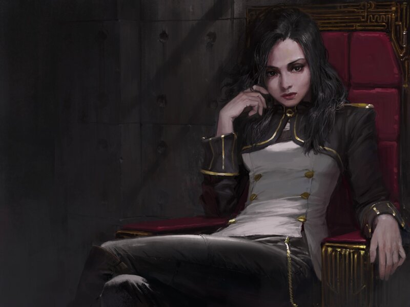 Woman in Military Uniform — Black, Dramatic, Digital Art, Red Chair