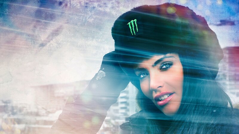 woman in monster hat with city background
