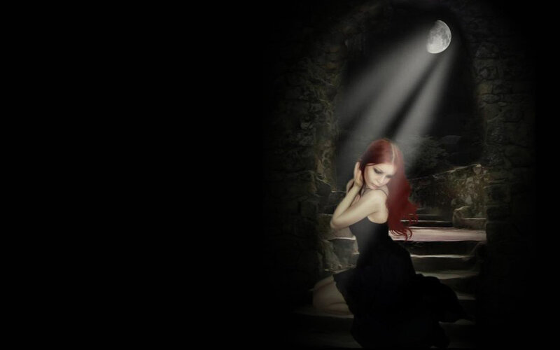 woman in moonlight on stairs