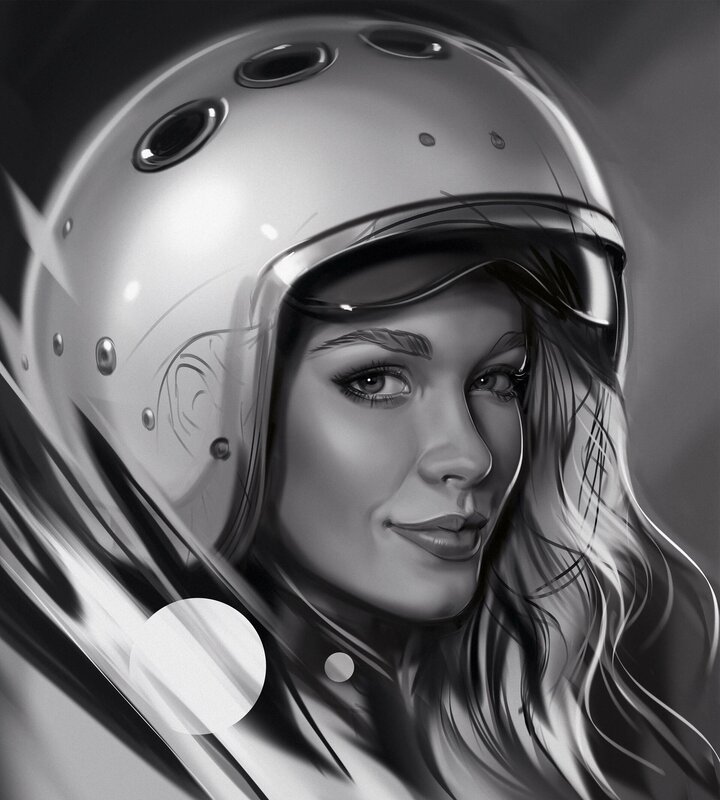 Woman in Motorcycle Helmet — Black, Dramatic