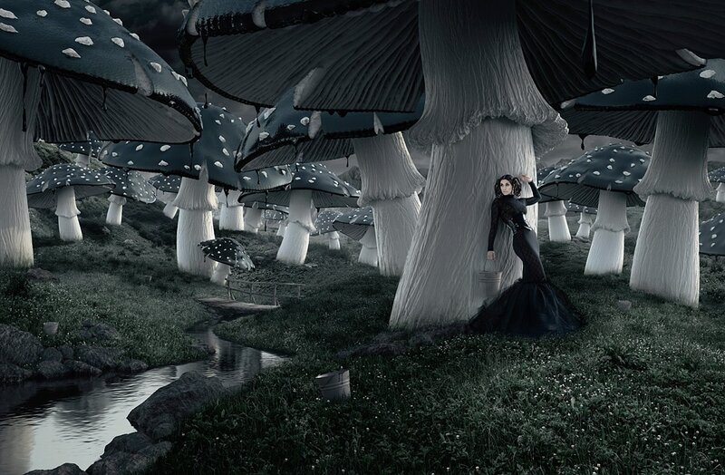 woman in mushroom forest