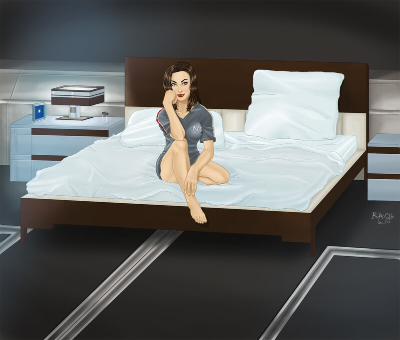 Woman in N7 shirt on bed