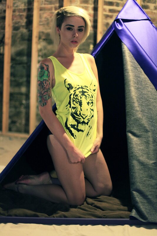 woman in neon tank top