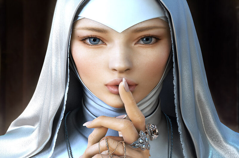 woman in nun's habit with finger to lips