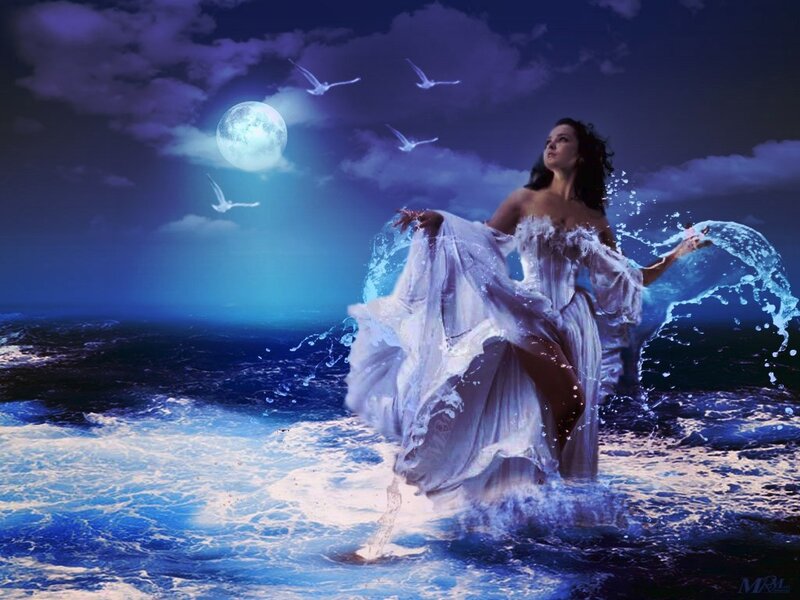 Woman in Ocean at Night — Blue, Dramatic, Digital Art