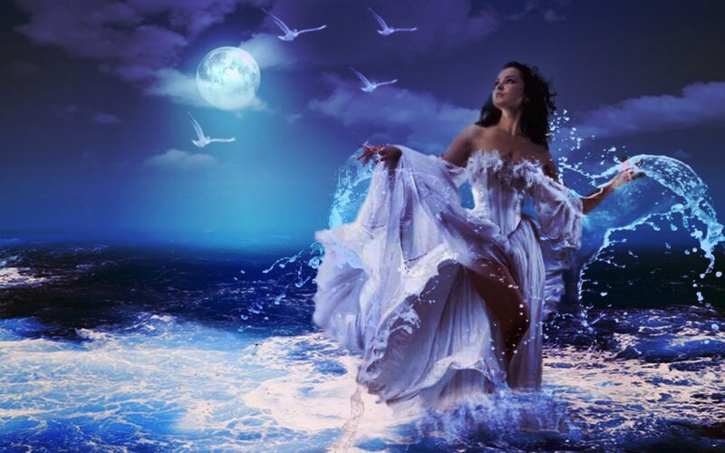 Woman in Ocean at Night — Blue