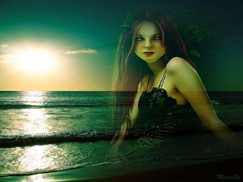 Woman in Ocean at Sunset — Green