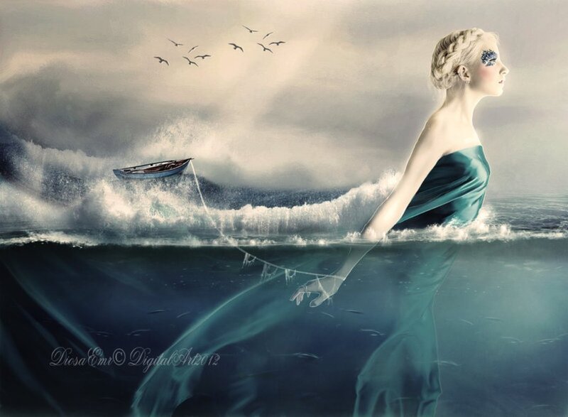 Woman in Ocean — Blue, Dramatic, Digital Art