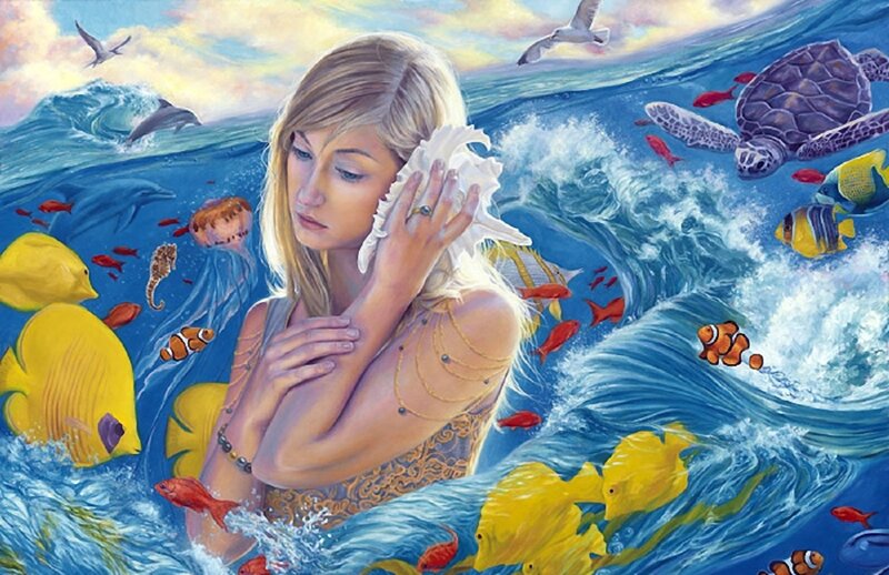 Woman in Ocean — Blue, Serene, Sunset