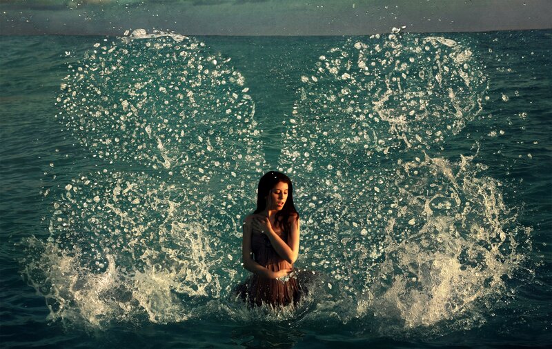 Woman in Ocean Water — Blue, Dramatic, Sunset