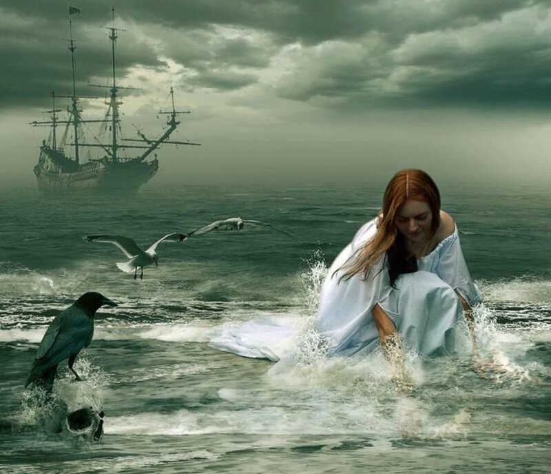 Woman in Ocean Water — Green, Dramatic