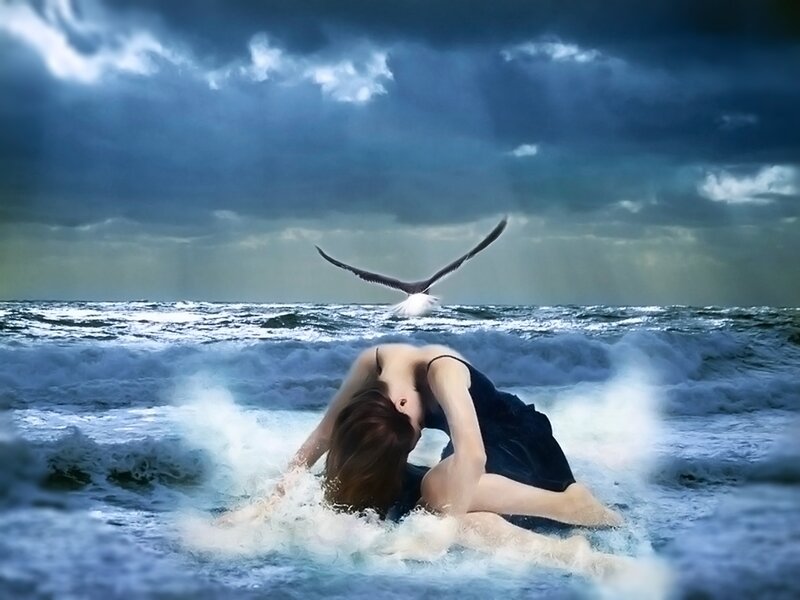 Woman in Ocean Waves — Blue, Dramatic, Digital Art, Bird