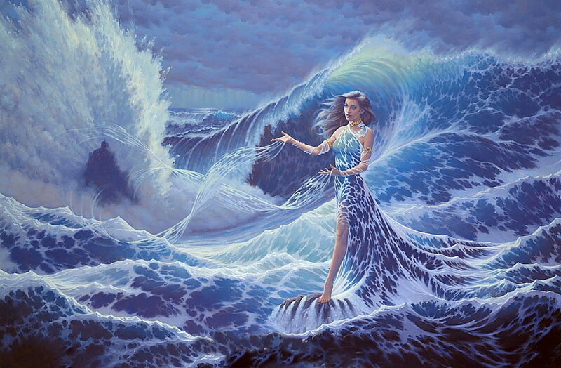 Woman in Ocean Waves — Blue, Dramatic, Night